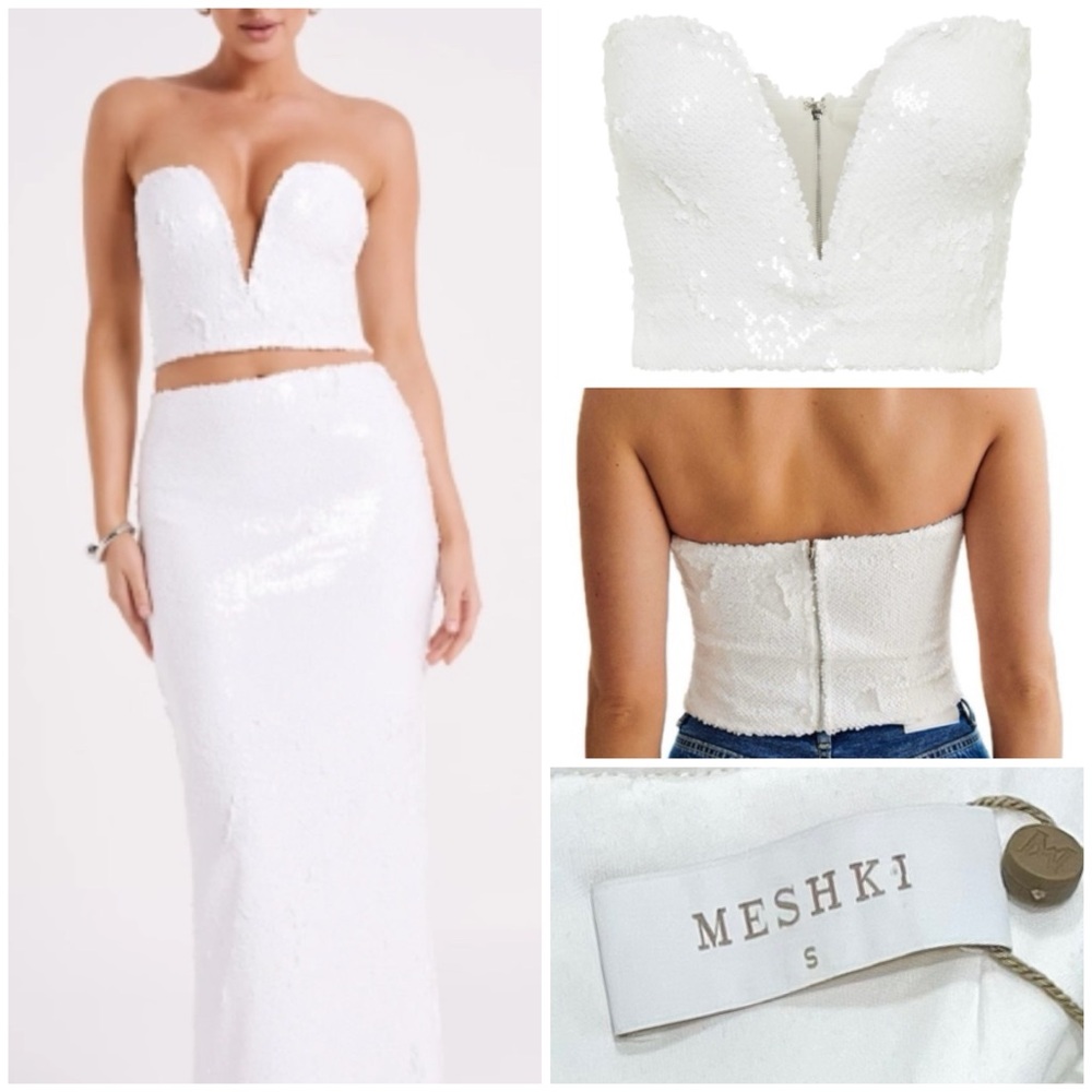 MESHKI Zariah Strapless Sequin V Corset top with Bodycon Fit - Size S - White